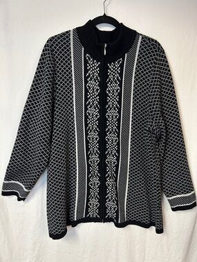 CJ Banks Black and White Zip-Front Knit Cardigan Size 1X